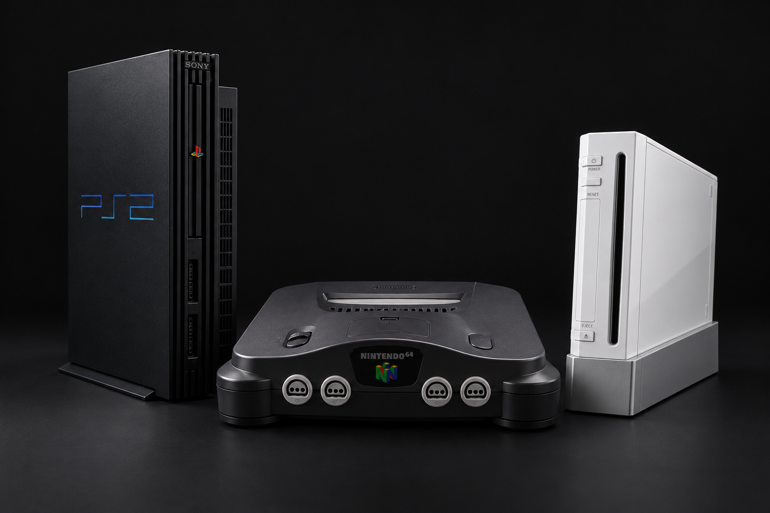 A PlayStation 2, Nintendo 64, and Wii console, together in a studio composition